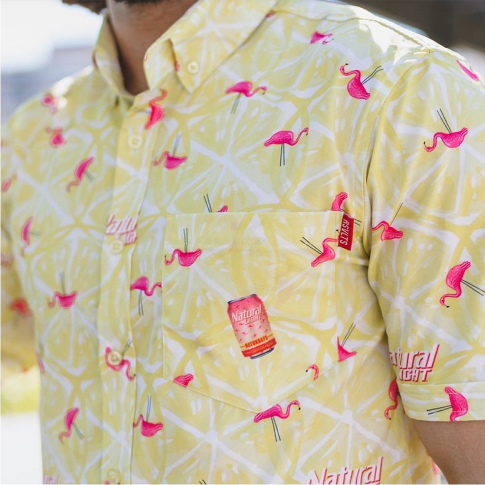 RSVLTS X NATURAL LIGHT NATURDAYS YELLOW WITH FLAMINGOS KUNUFLEX SHIRT SMALL (J)
